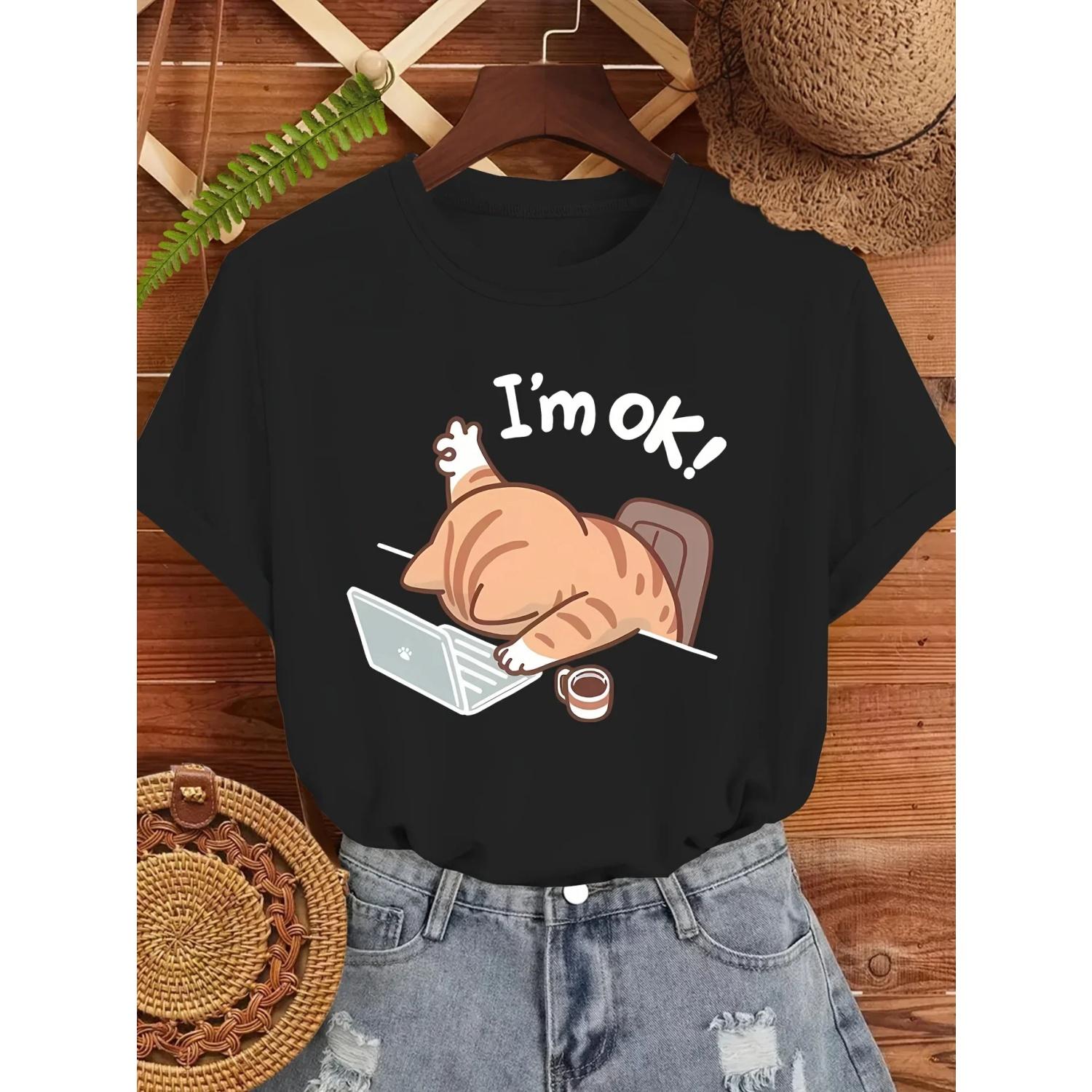 Stylish Sleeping Cat Design Cartoon Cat Print Tee Women s Cute Cat Graphic T-Shirt Casual Round Neck Short Sleeve S чёрный