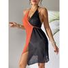 Plus Size Summer Hollow Out Beach Dress Women's Clashing Splicing Sexy Hanging Neck Tie Dress Irregular