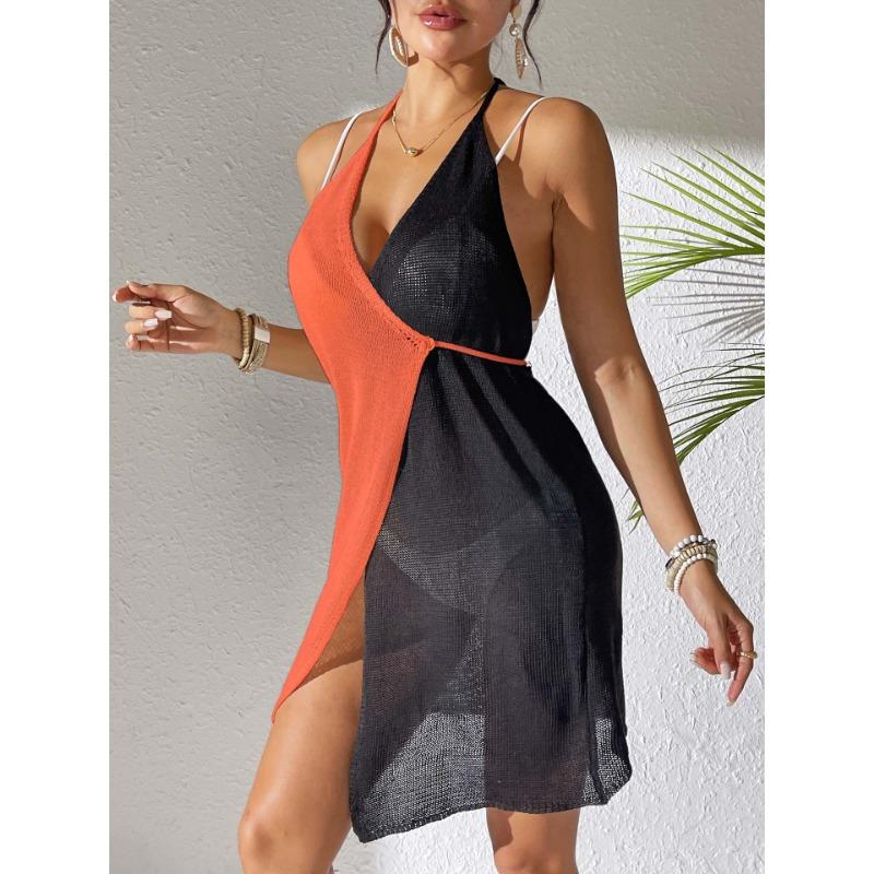 Plus Size Summer Hollow Out Beach Dress Women's Clashing Splicing Sexy Hanging Neck Tie Dress Irregular