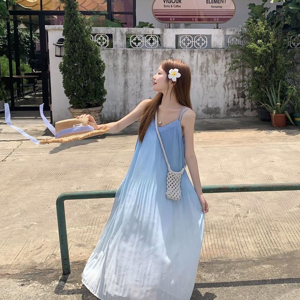

Sexy Solid Pleated Long Dress V-neck Sleeveless Sling Halter Loose Robe S синій