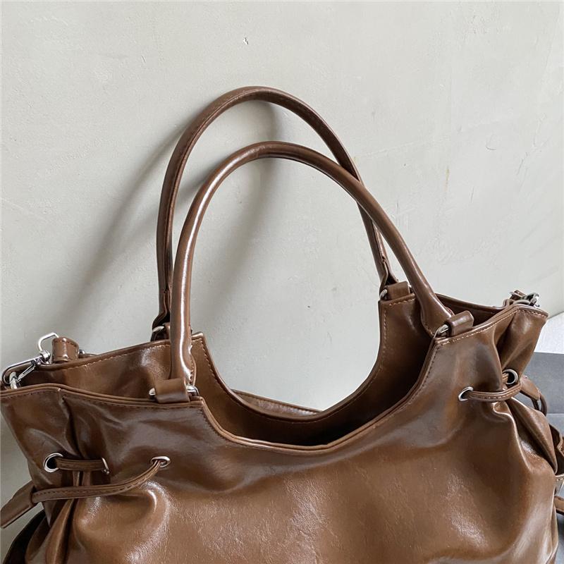Large Capacity PU Tote Bag Women Fashion Shoulder Bag With Drawstring Detail Soft Texture Handbag Everyday Use