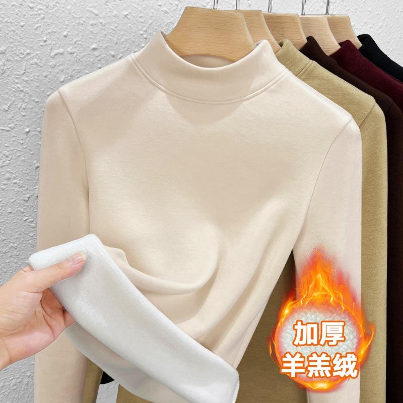 Semi-turtleneck wool bottoming shirt women's autumn and winter lamb wool with new velvet thickened warm velvet winter top