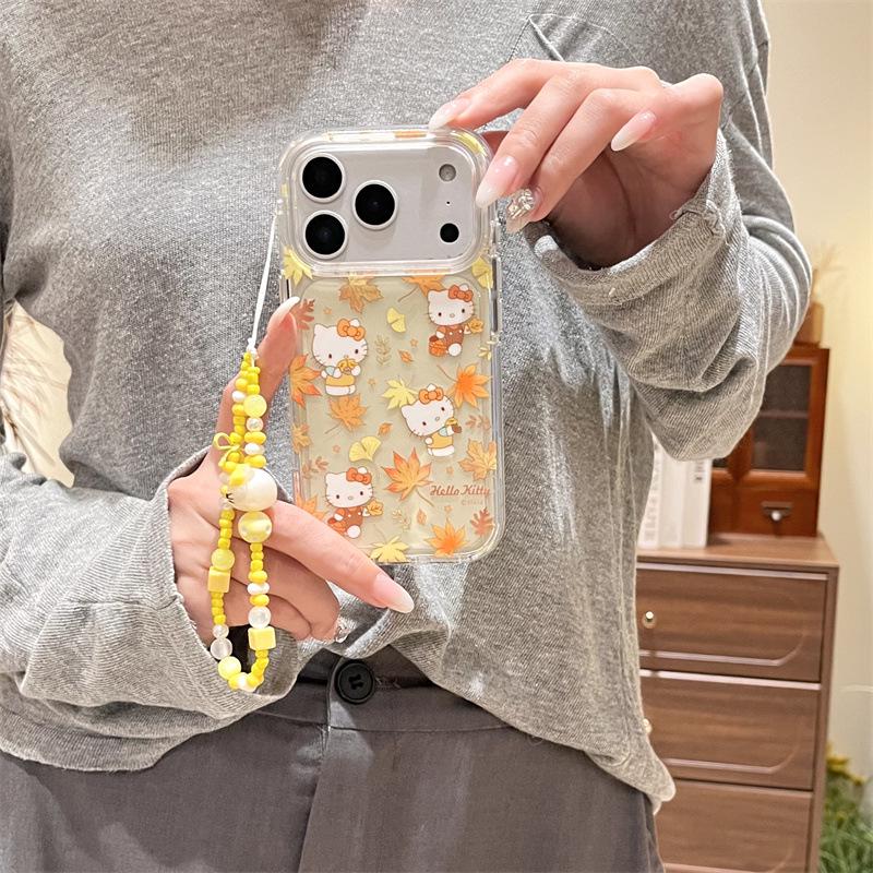 Hello Kitty Maple Leaf Phone Case for iPhone 17/16 Pro Max/15/14 - Autumn/Winter Translucent Yellow