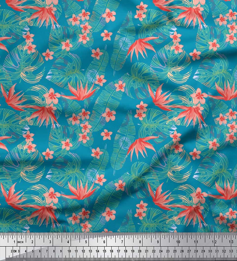 

Soimoi Japan Crepe Satin Fabric Tropical Leaves,Plumeria & Heliconia Floral Print Fabric by the metre 42 Inch 42 Inch Wide - Poly Crepe синій