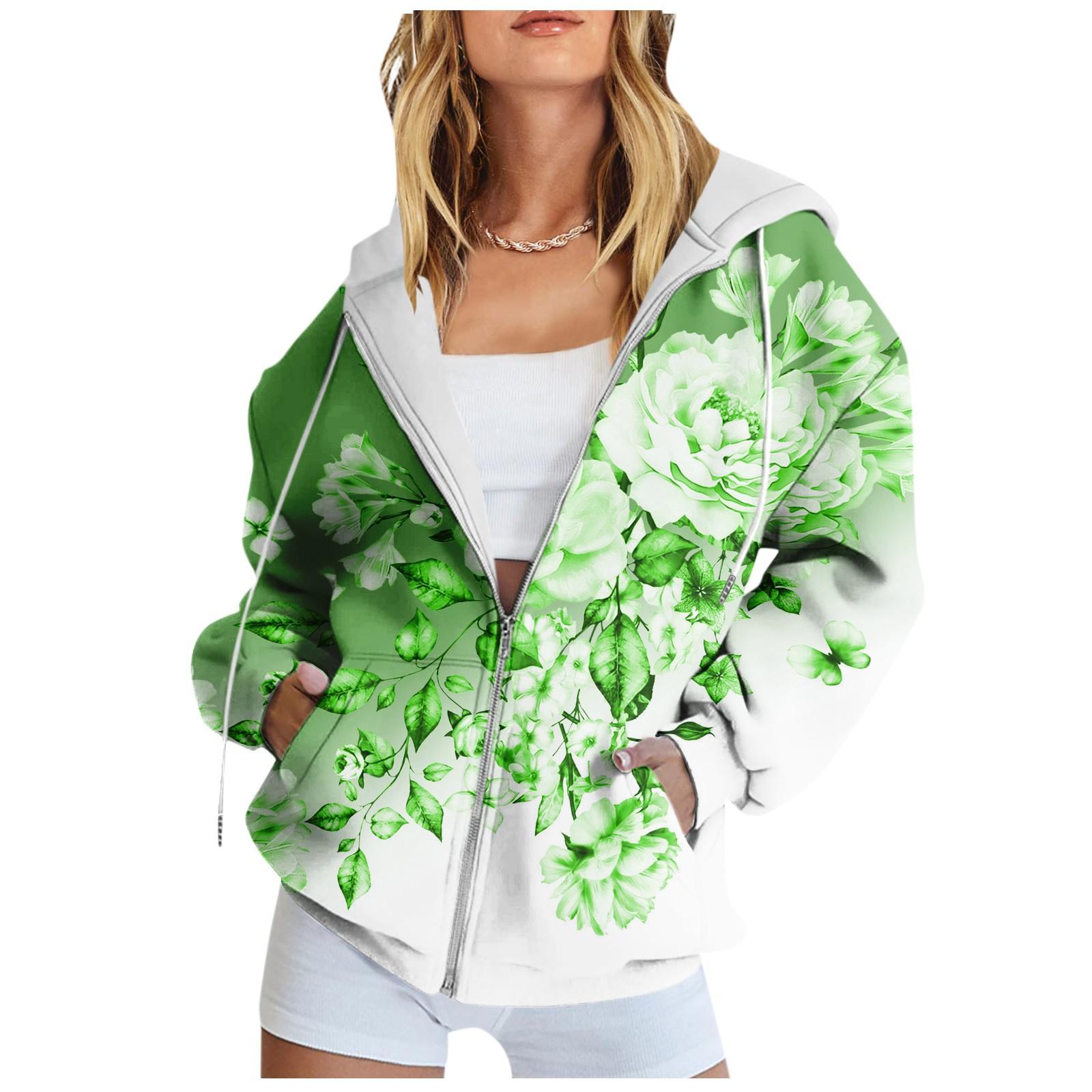 Женская толстовка с длинным рукавом и принтом куртка с карманом и длинными рукавами пальто с капюшоном на молнии осень L зелёный 2259₽