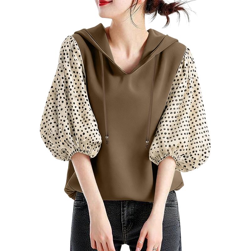 ZANZEA Femei Casual Imprimeu Buline Splice Mânecă 3/4 Hanorac Lejer Bluză