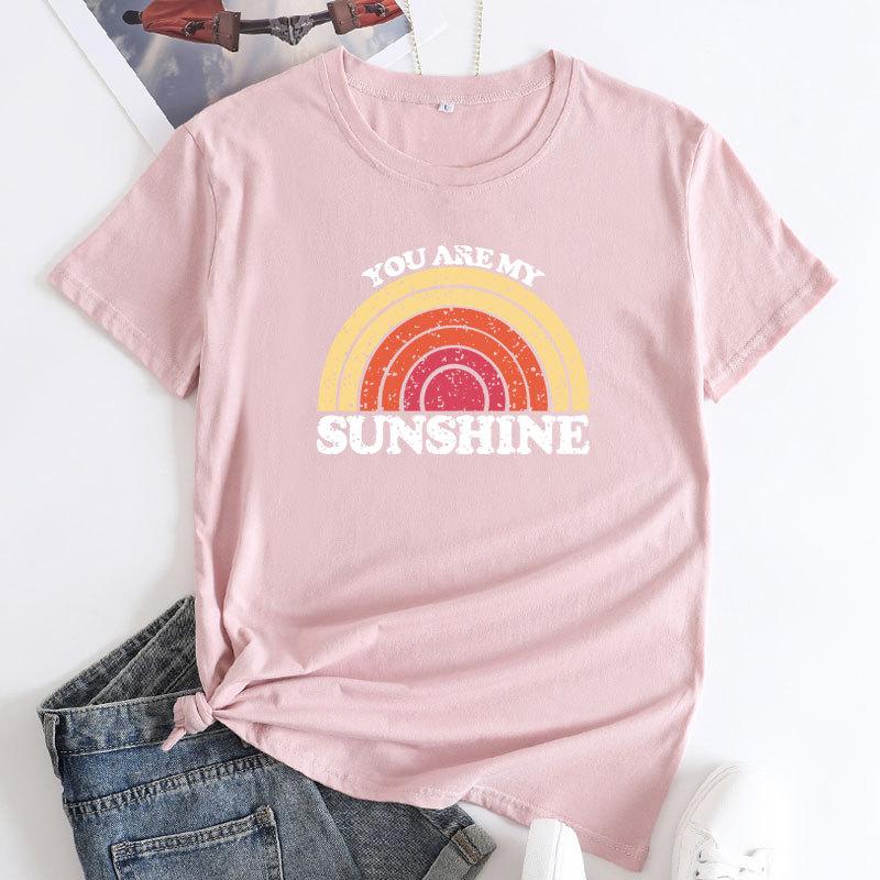 Summer YOU ARE MY SUNSHINE Rainbow Printed Cotton Loose Round Neck Women's Short Sleeved T-Shirts Women’s