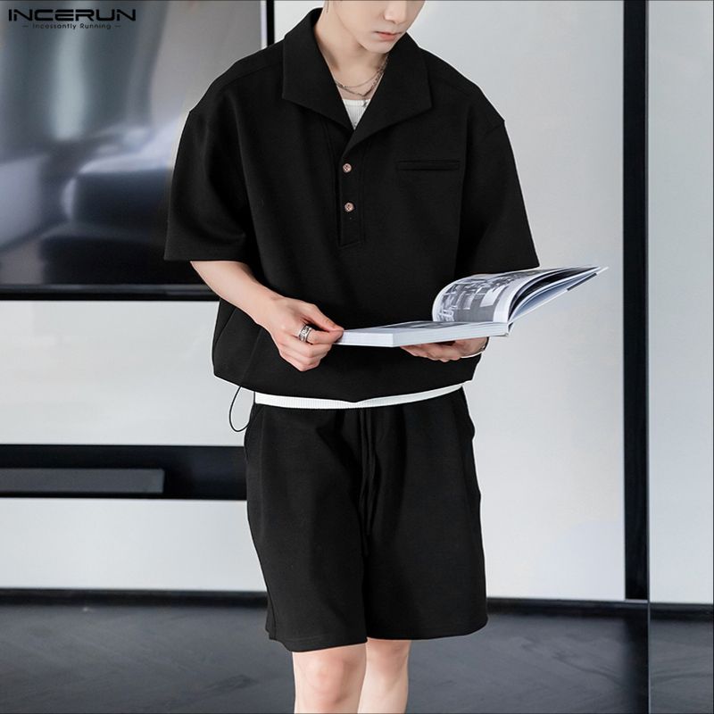 INCERUN Two Piece Suit Men Lapel Neck Short Sleeve T-Shirts Shorts Casual Sports Outfits Sets