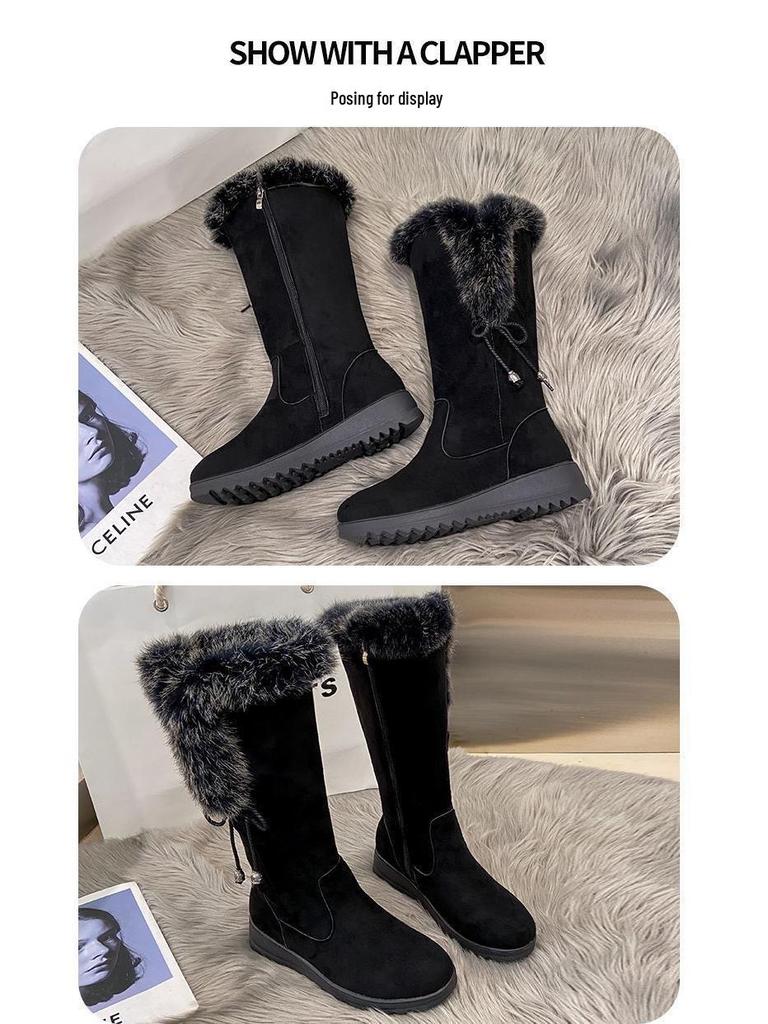 2025 Vinterskor för Damer, Mid-Calf Snöskor med Sammetsfoder, Platt Sula & Sidodragkedja - Martin-stil