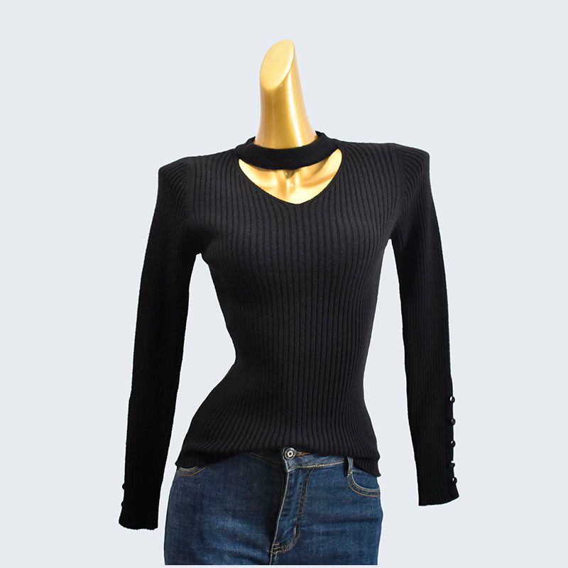 and Winter Halterneck V-neck Slim-Fit Long Sleeve Knitting Sweater Pullover All-Matching Thread Pure Color Bottoming Shirt Women's Clothing Tops