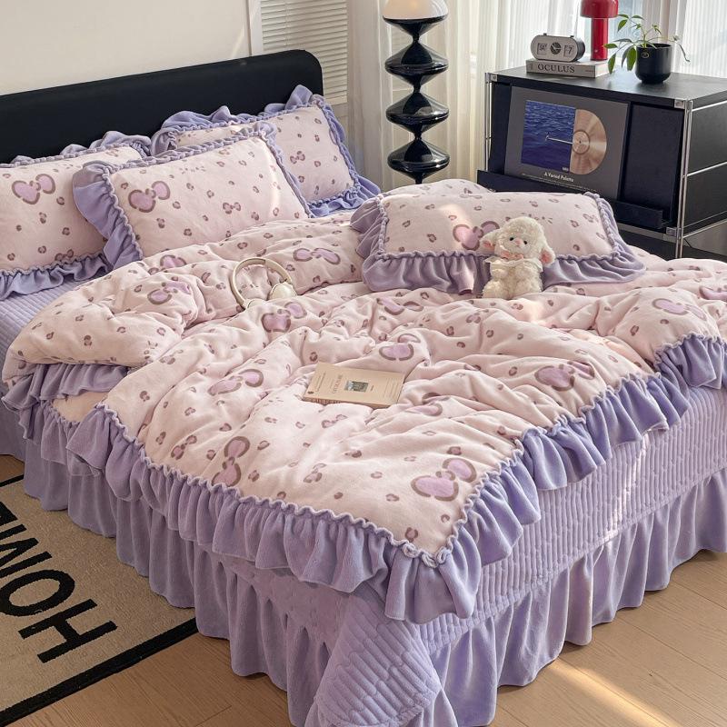 Xiaohongshu Popular Thickened Milk Fleece Bed Cover Bed Skirt Four-Piece Set Farai Fleece Warm Quilt Cover Bed Hat