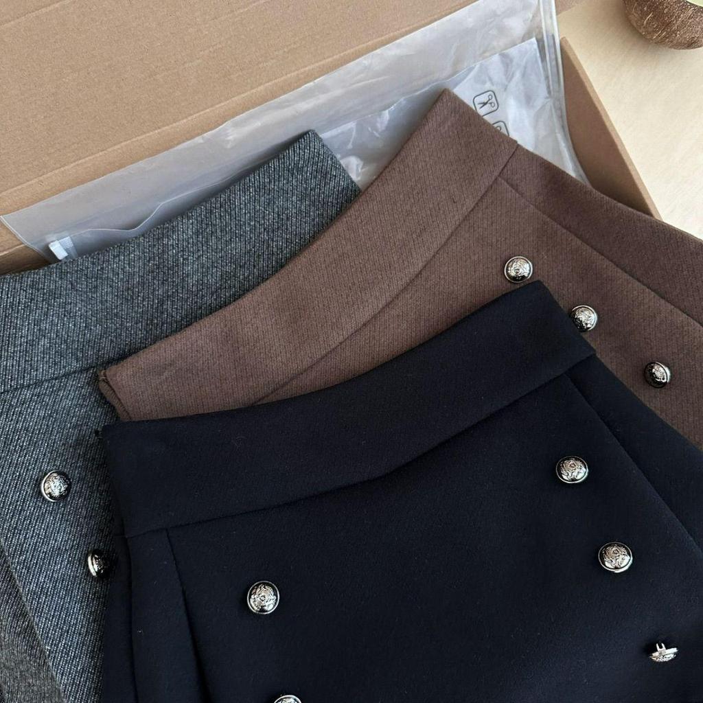 Petite High-Waisted Woolen A-Line Skort - Autumn & Winter Double-Breasted Style