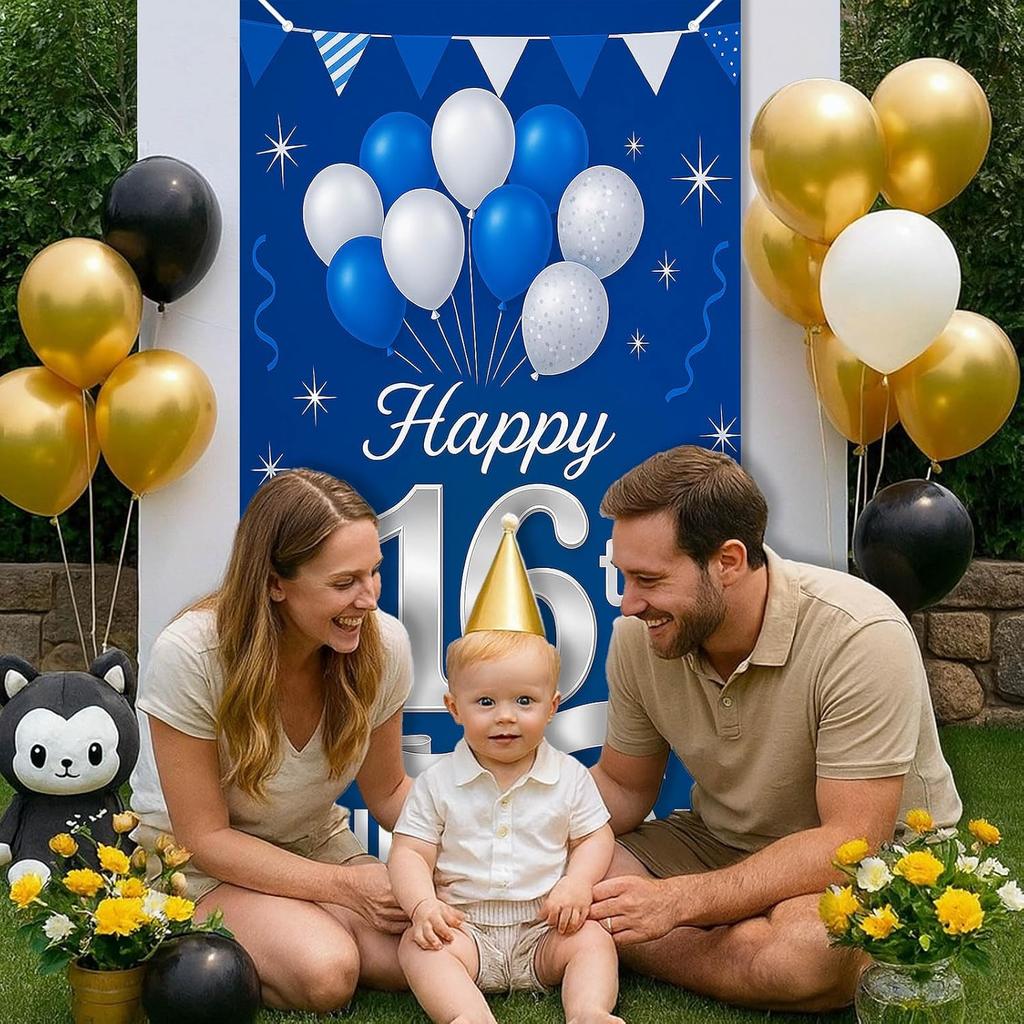 16th Birthday Door Cover 71x35 Inch Blue and Silver Birthday Banner for Party Decorations Balloon Ribbon Backdrop Sign for Boys Girls Teens Photo