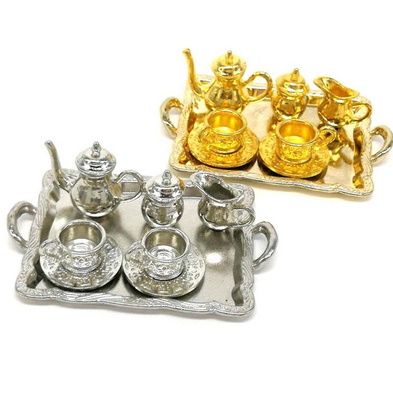 10Pcs/set Doll House Miniature Metal Tea Doll House Furniture Miniature Dining Ware Toy Teapot Cup Plate