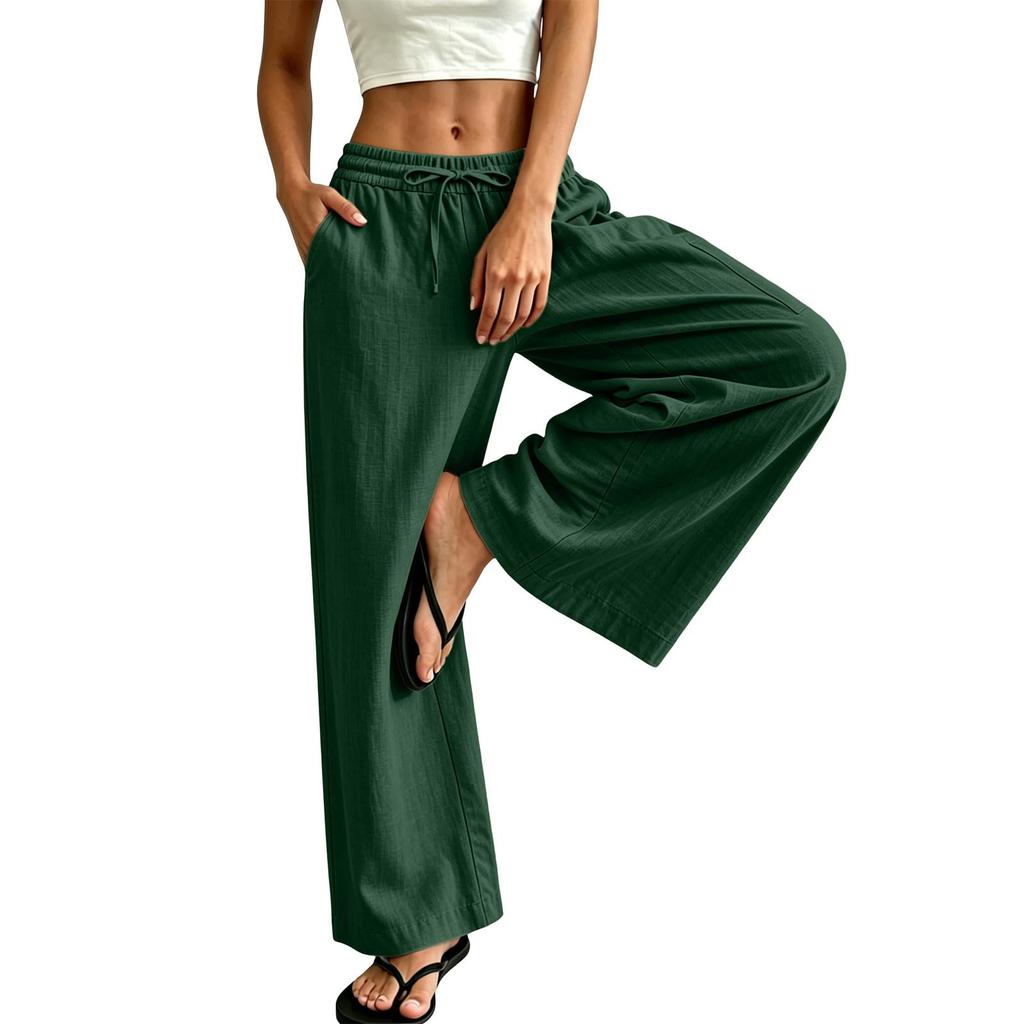 Women's Cotton Linen Straight Leg Pants - Elastic Waist with Drawstring, Casual Color Trousers with Pockets