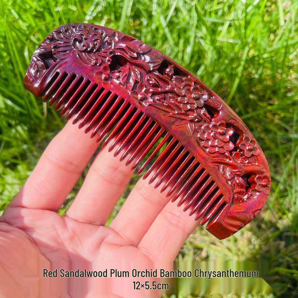 Engraved Green Sandalwood Comb - Black Gold Carved Design, Gift Box Included