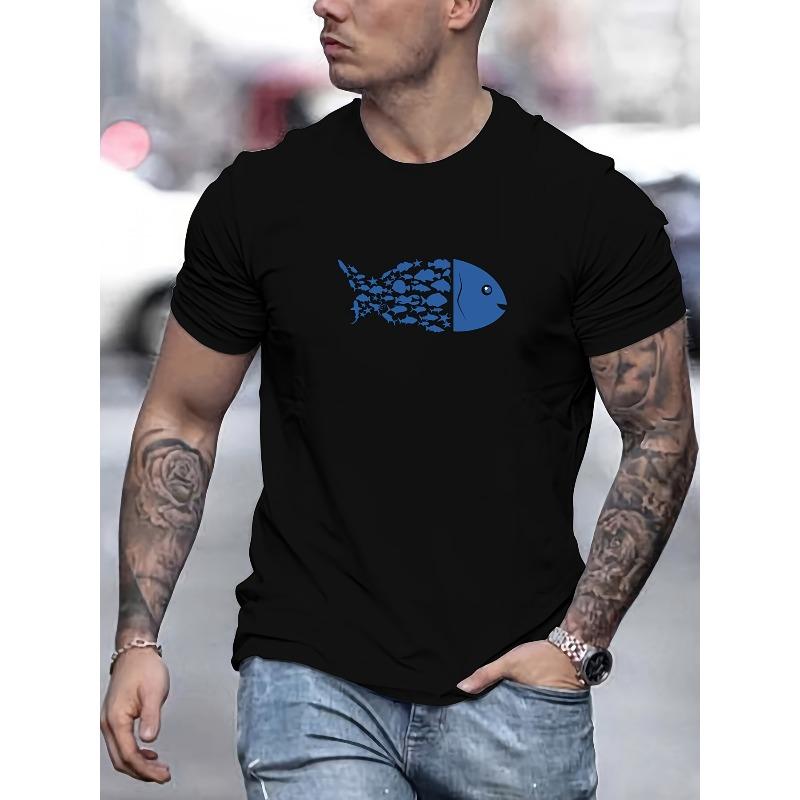 

European Size Men s Small Fish to Big Fish Pattern Summer Casual Crew Neck Short Sleeve T-Shirt M чёрный