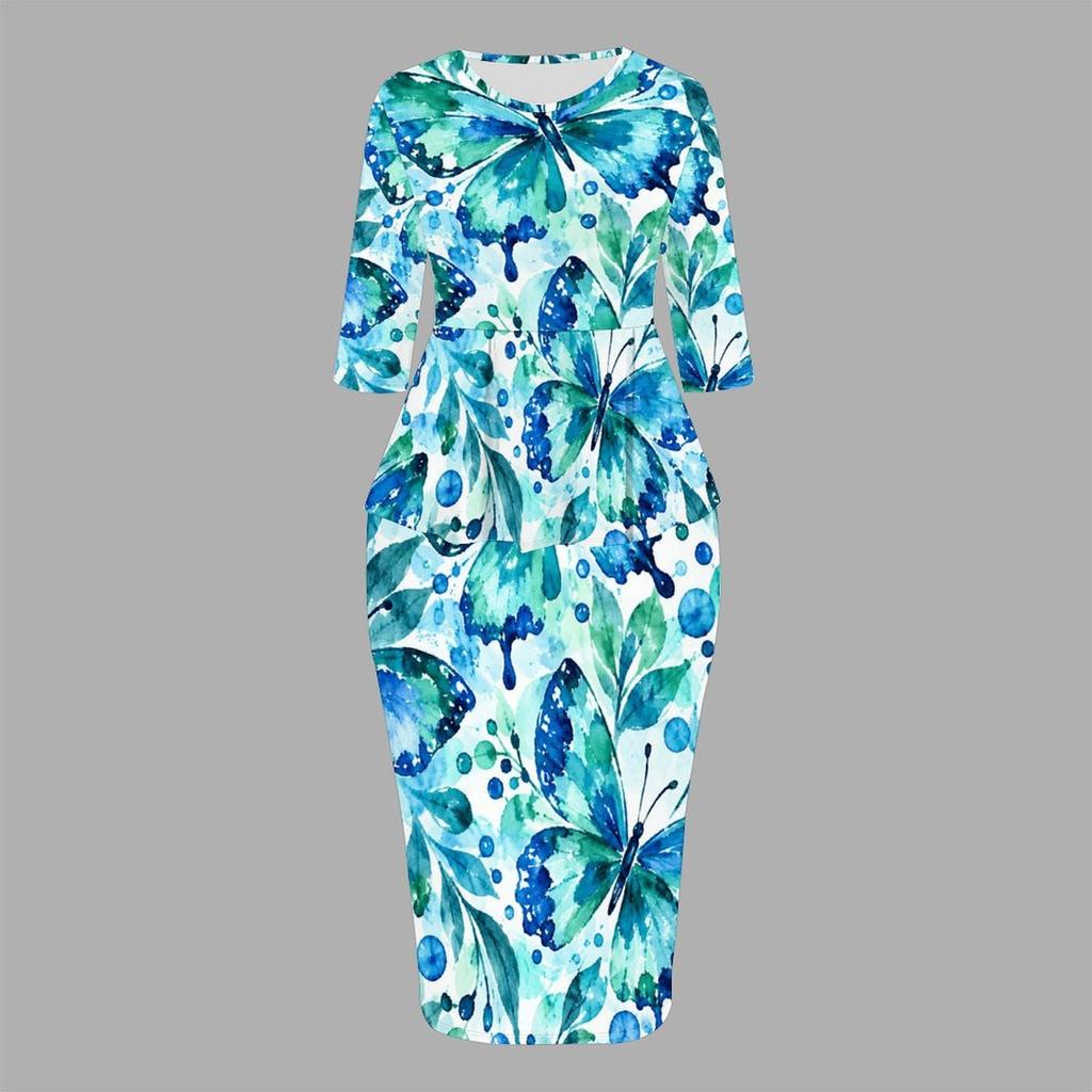Women Plus Size Round Neck Three Quarter Sleeve Butterfly Printed Peplum Top And Fitted Skirt Two Piece Set