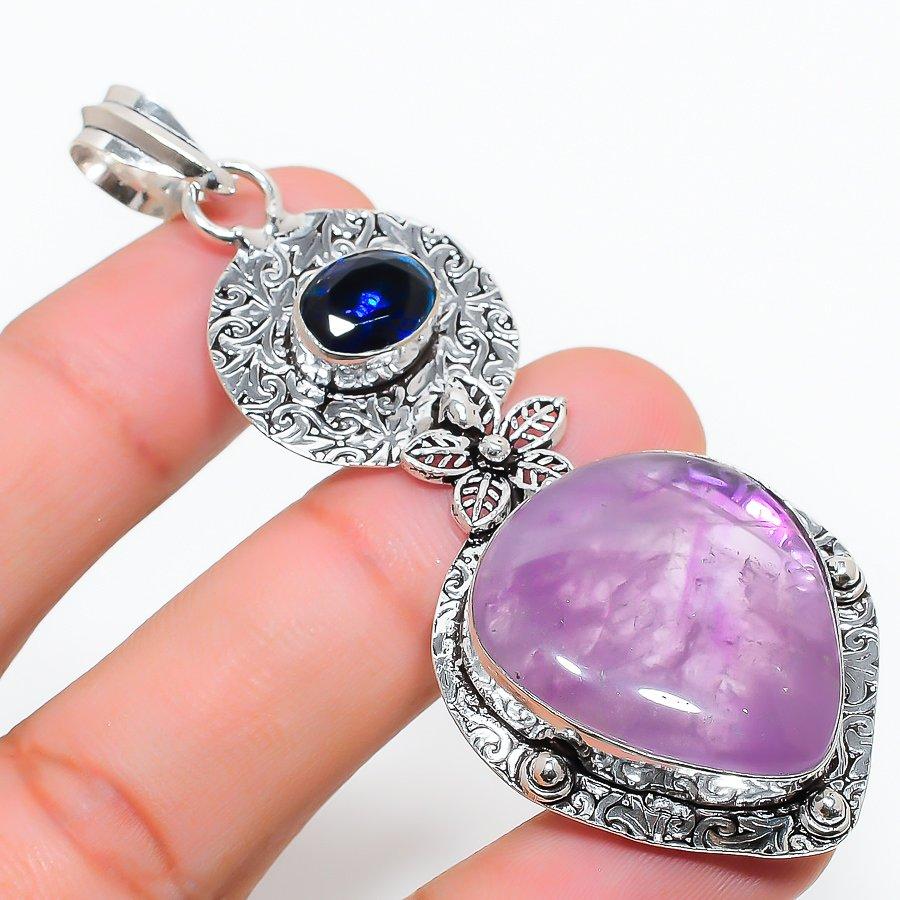 

Sage Amethyst, Blue Topaz Gemstone Handmade Jewelry Pendant 2.96 SR-5125