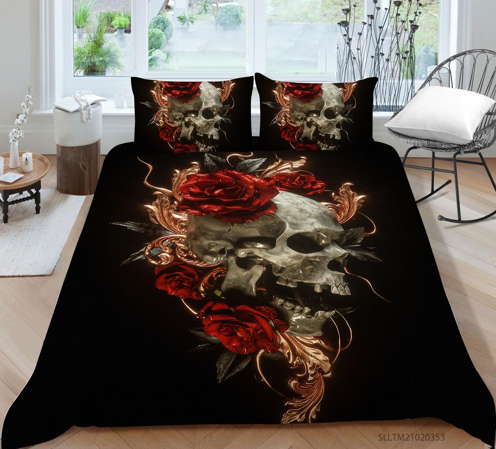 3D Black Skull Head Pattern Bedding Single Double Bed Full Size Special Skull Head Print Pillowcase and Quilt Cover 2 or 3 Comfortable Home Decoration