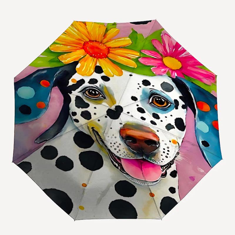 1pc Dalmatian Flowers Automatic Folding Umbrella, 8-Rib Durable Iron Frame, Compact Travel Umbrella for Women & Men 070