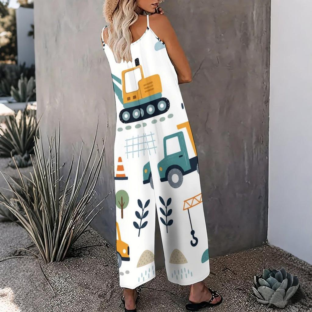 Damen Spaghettiträger Jumpsuit Abstrakt Goldene Verflochtene Herzlinien-Print Weite Hosen mit Taschen