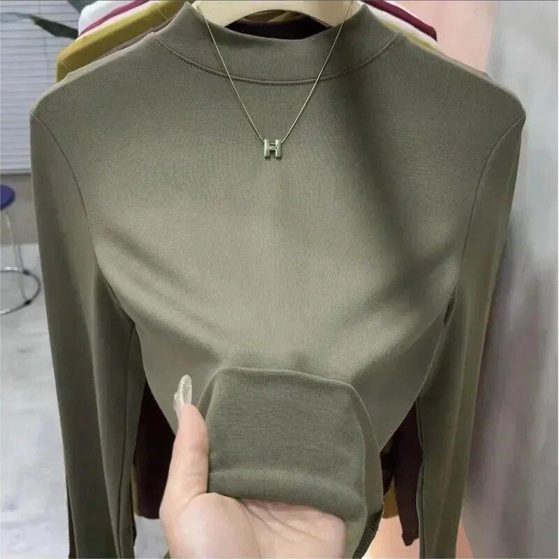 Jesień Y2K T-Shirt moda zimowa koszulka z długim rękawem ciepły top casualowe w stylu Streetwear jednolita koszula z krótkim rękawem obcisłe ubrania Blusas 29770