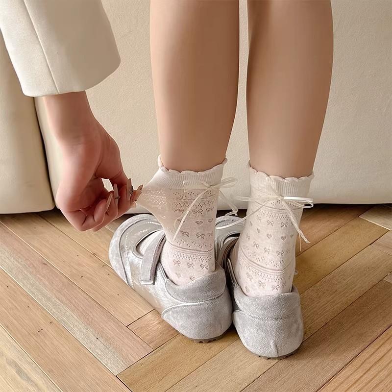 Mesh Breathable Mid-calf Socks - Summer Lightweight Style with Openwork, Lace-up, and Bow Details - Exquisite Mid-calf Women's Socks