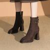 Martin Boots 2025 New Winter Black Suede High Heels Women's Thick Heel Belt Buckle Velvet Square Head Short Boots Women