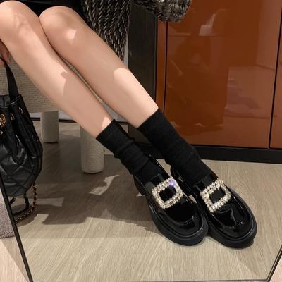 Rindslederversion~ runder Kopf Strass quadratische Schnalle Einzelne Schuhe dicker Absatz dicke Sohle Damen kleine Lederschuhe