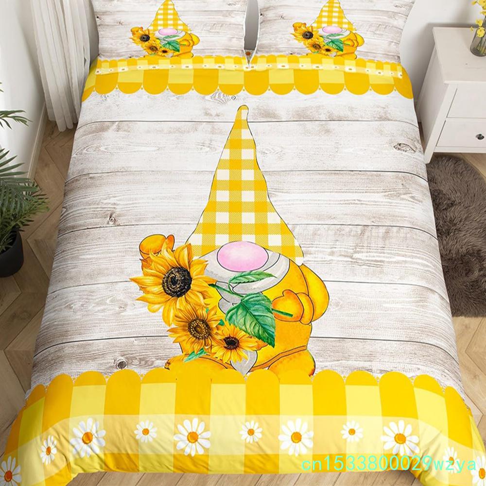 Purple Lavender Dwarf Duvet Cover King Queen Kawaii Cartoon Gnome Bedding Set Spring Flowers Comforter Cover Floral Quilt Cover