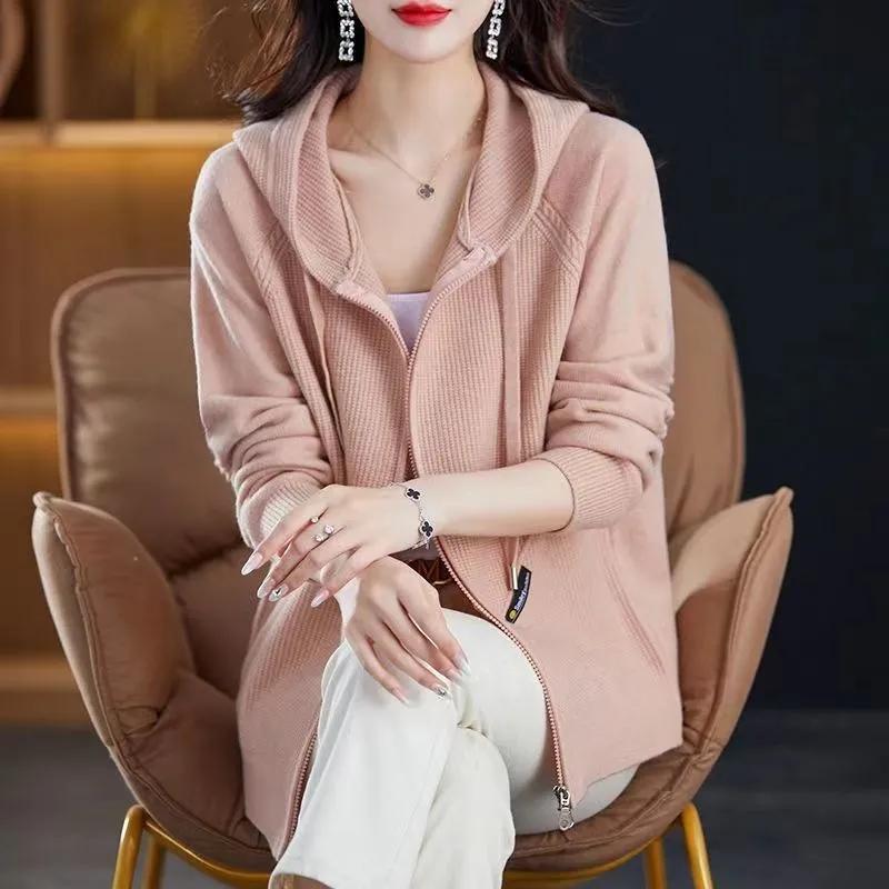 Hooded Zipper Knitted Cardigan Sweater Jacket Women Loose High-Grade Solid Color Mother's Coat Female Tide Plus Size