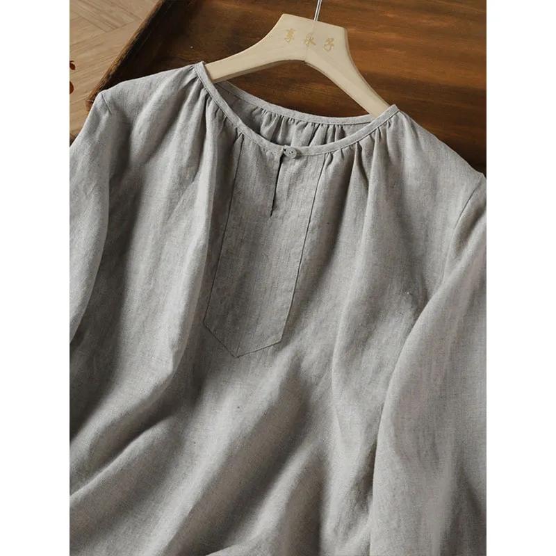 Retro Women's V Neck Embroidered Linen Blouse Casual 3/4 Sleeve Loose Fit Top Temperament Shirt