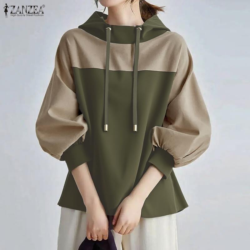 ZANZEA Women Hooded Collar Casual Long Sleeve Patchwork Hoodies Blouse