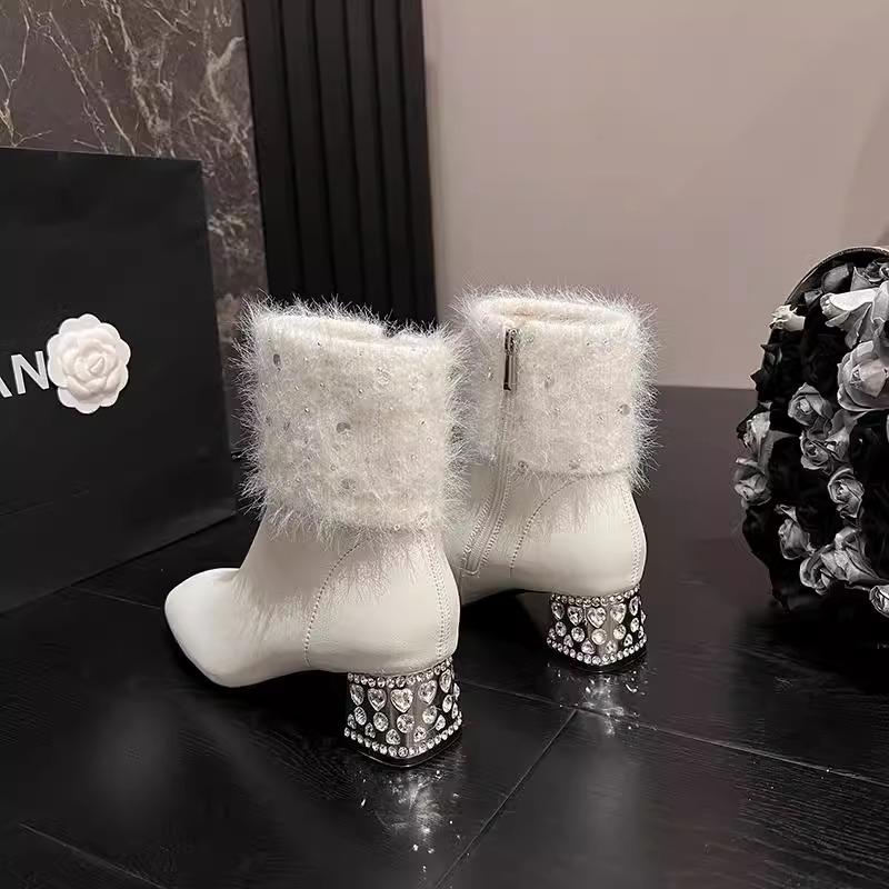 Crystal Ankle Women Boots Fur High Heels Warm Shoes Luxury Brand 2025 Winter Short Plush Snow Boots Elegant Shoes Women Pumps