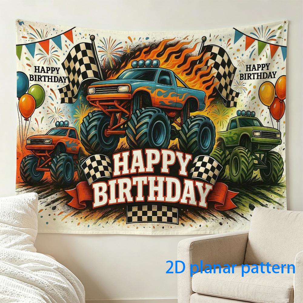 Happy Birthday Wandteppich Retro Auto LKW Rennen Americana Kunst Festliche Feier Dekoration Popkultur Geschenke Einzigartig Pla