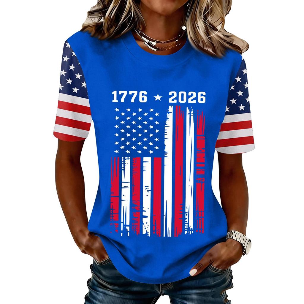 Women’s Short Sleeve Crew Neck T Shirt with 1776 2026 Print and Distressed Flag Graphic Casual Top
