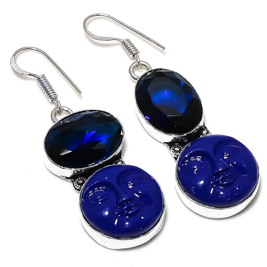 

Natural Cameo Blue Agate, Topaz Gemstone 925 Sterling Silver Earring 1.97 l5w54
