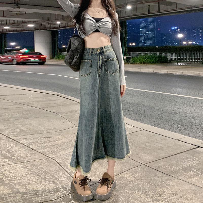 Saia jeans feminina casual temperamento rabo de peixe saia de cintura alta fina saia evasê