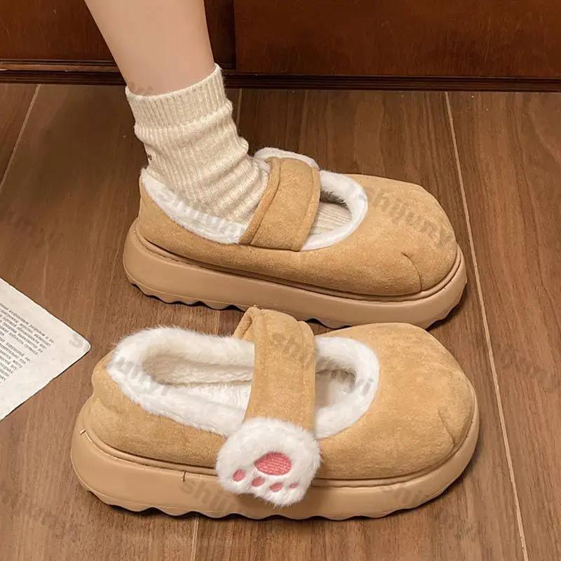 Women Cute Cat Claws Cotton Shoes Winter New Thick Bottom Outdoor Slippers Woman Plus Fleece Thick Soled Single Slippers