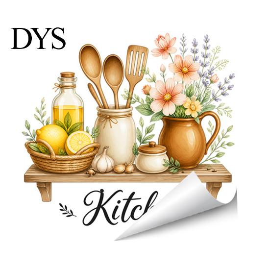 Nordic Style Wall Decor Watercolor Kitchen Stickers, Lemon Green Plant Teapot Self?Adhesive Decals, Peel Stick Mural Waterproof Stove Stickers