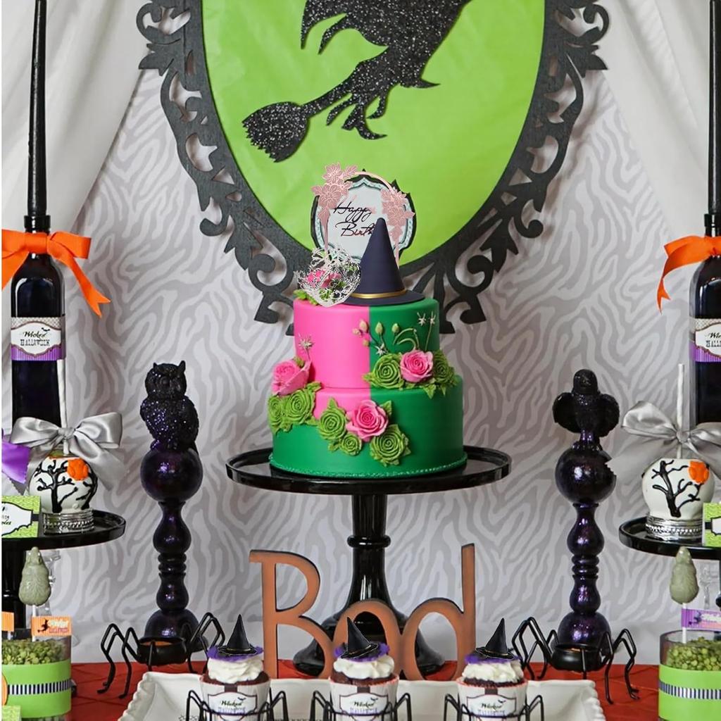17 PCS Witch and Princess Theme Cupcake Toppers, Mini Witch Hat Silver Alloy Crown for Pink and Green Birthday Party Decorations