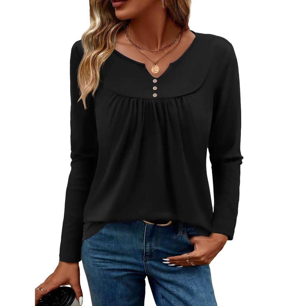 Women's Button-neck Solid-color Long-sleeved Pullover T-shirt Top