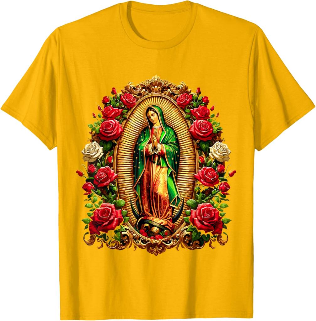Virgen De Guadalupe Religious Graphic Tee Men Casual Cotton Rose Print T-Shirt