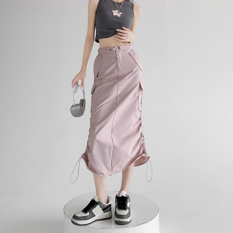 Cargo Midi Skirt Women Summer Slim High Waist Slit A-line Skirt Stitching Drawstring Female Streetwear Vintage Y2K Grey