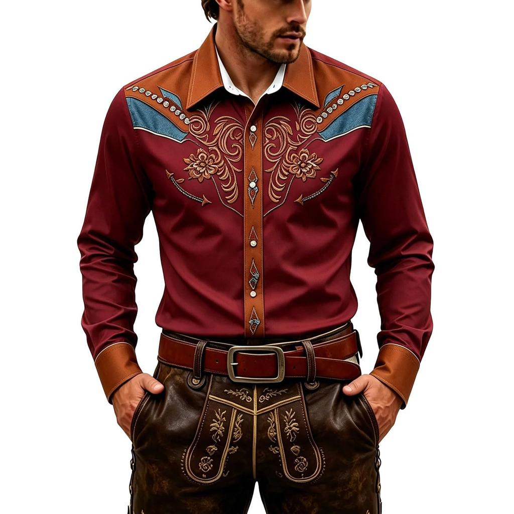Camisa Occidental para Hombre Retro Estampado 3D Bordada Manga Larga Ajuste Top de Fiesta