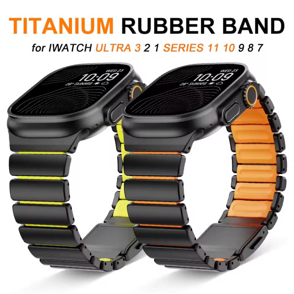 Titanium Fluoroelastomer Rubber Strap for Apple Watch Ultra 3 2 49mm Magnetic Band for Iwatch Series 11 10 46mm 9 8 7 45mm 6 SE 3 44mm