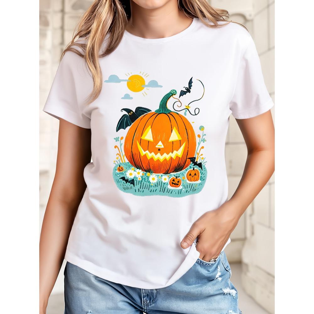 Women's Halloween T-shirt Spooky Pumpkin Bat Sunflower Printed Round Neck Short Sleeve Black with Orange Blue Design