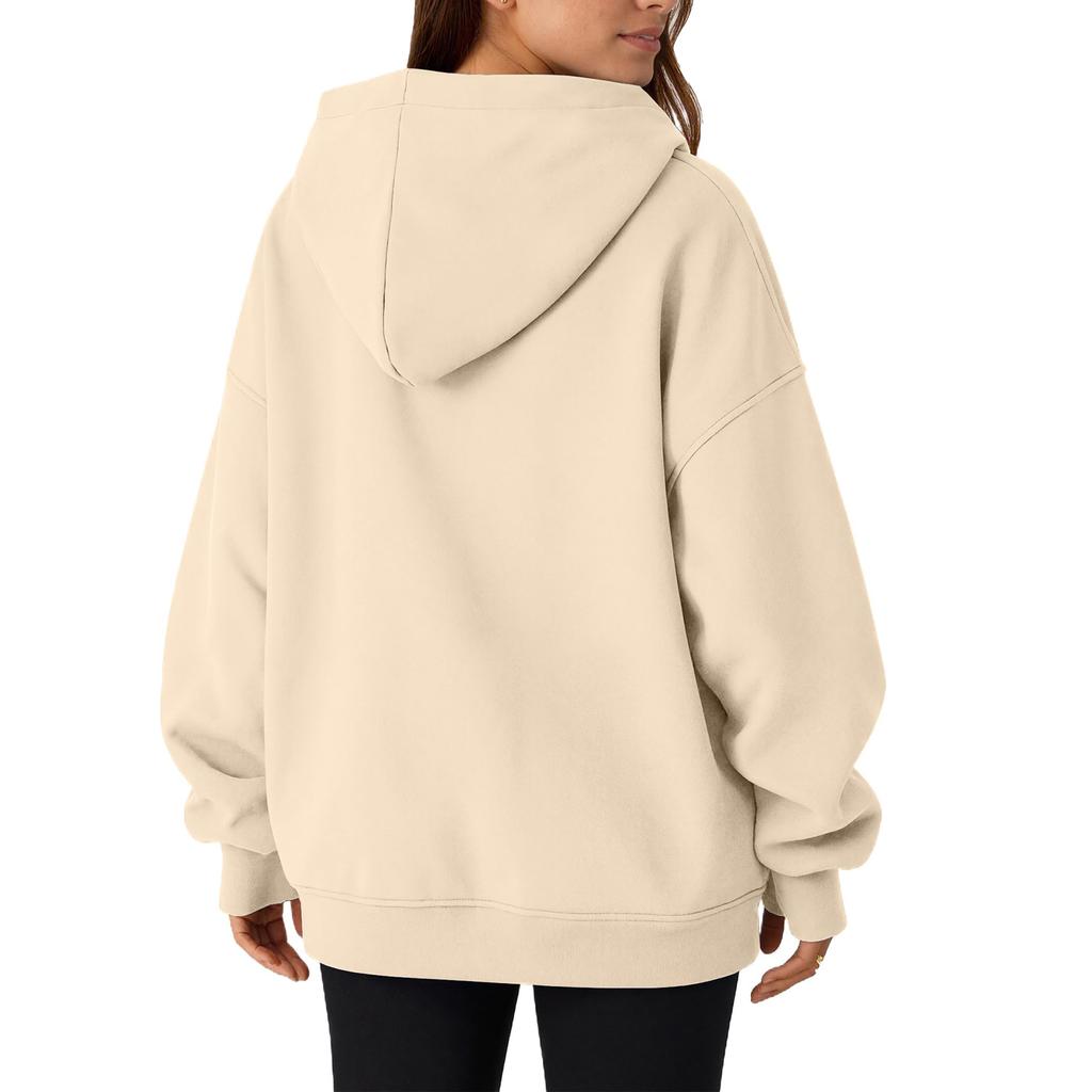 Women's Casual V-neck Pullover Long-sleeve Solid Color Fleece-lined Hooded Sweatshirt Top