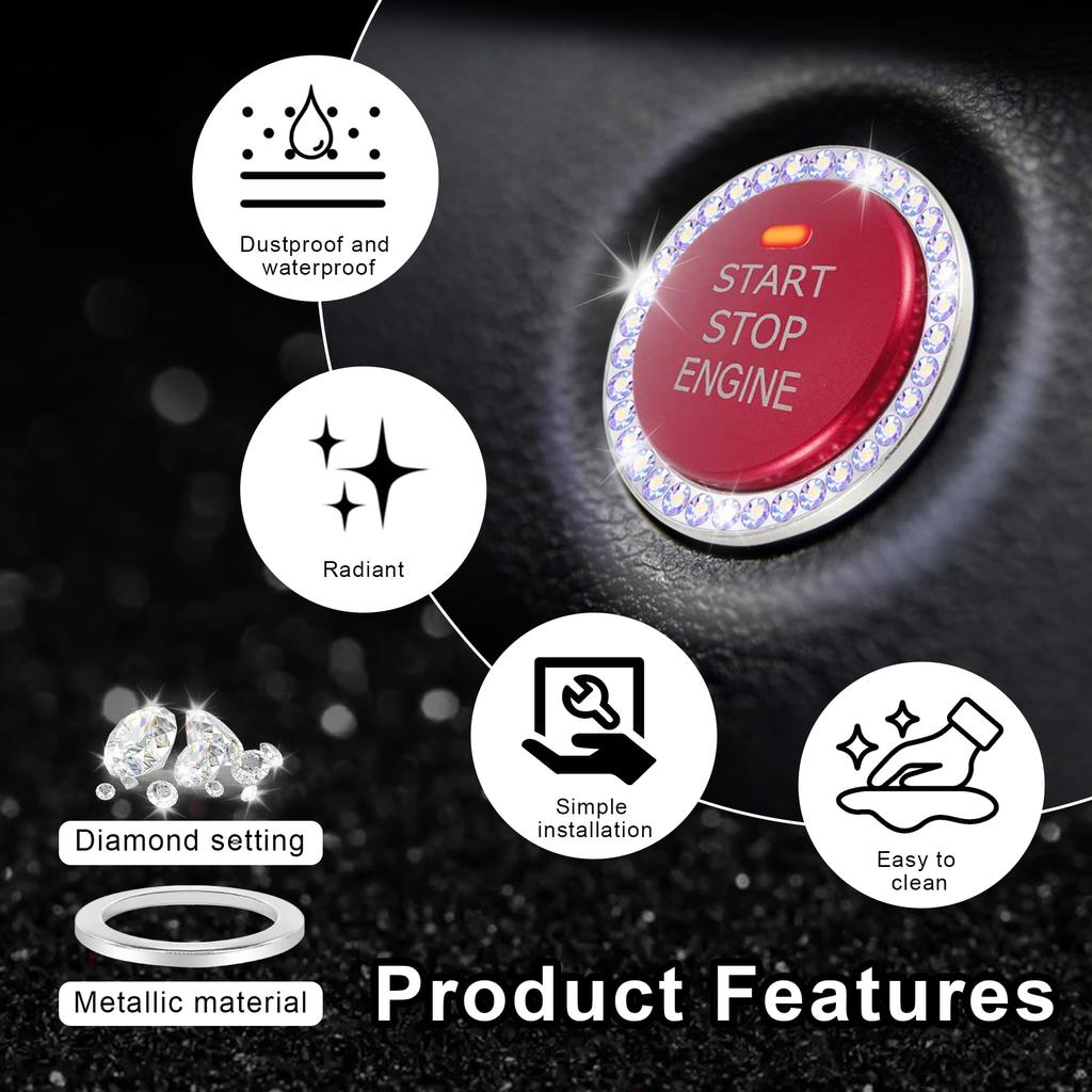 Crystal Rhinestone Car Engine Start Stop Decoration Ring, Bling Car Interior Accessories, Push to Start Button Cover Sticker